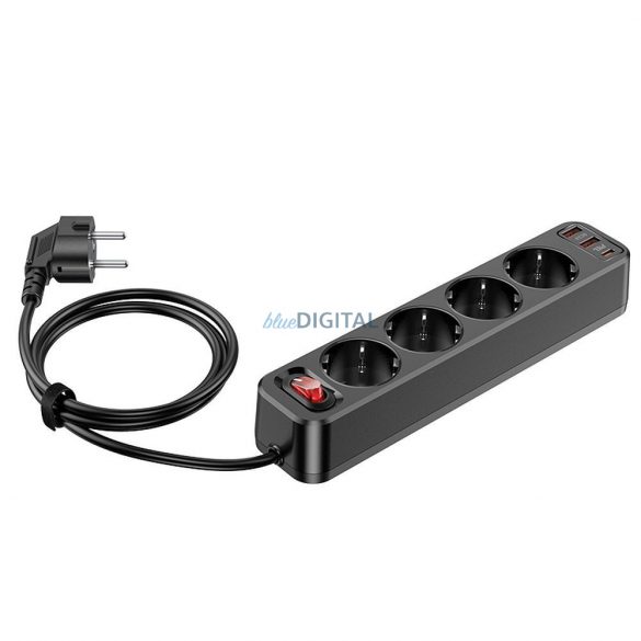 Priză HOCO pentru cablu prelungitor pe 4 biți + 2 x USB QC3.0 18W + Tip C PD 20W Aura NS1 negru