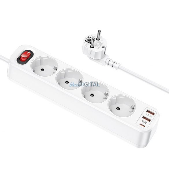 Priză HOCO pentru cablu prelungitor pe 4 biți + 2 x USB QC3.0 18W + Tip C PD 20W Aura NS1 alb