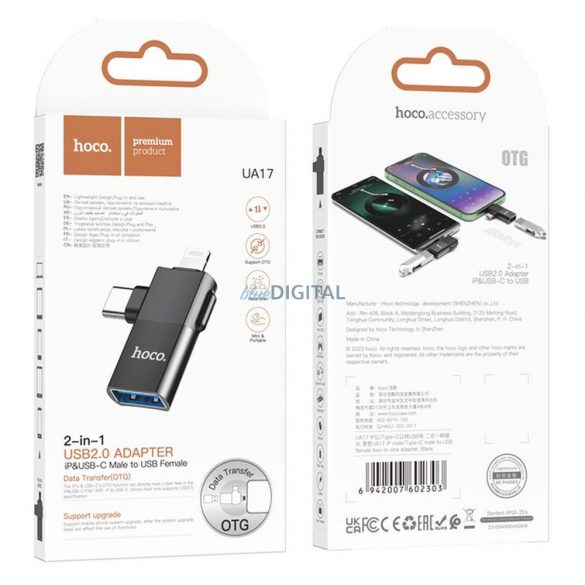 Adaptor HOCO OTG Tip C (mascul) / Lightning (mascul) la USB A (fema) 2in1 UA17 negru