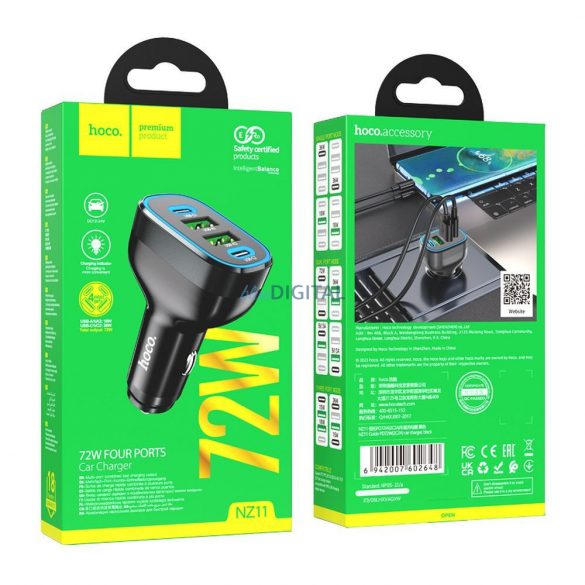 Încărcător auto HOCO 2x USB A + 2x Typ C PD 72W Guide NZ11 negru