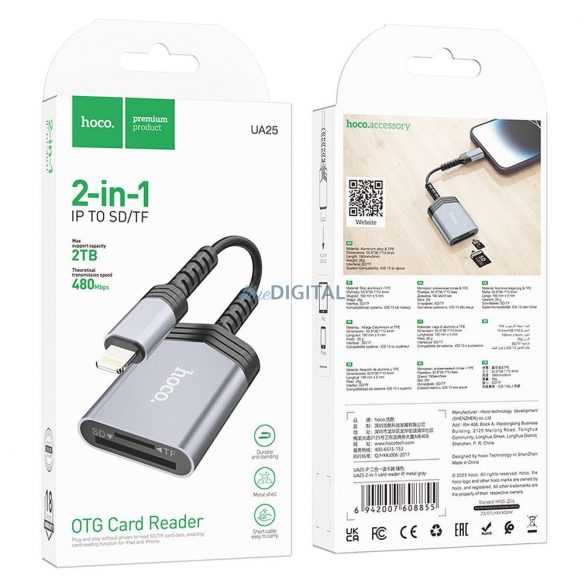 Cititor de carduri HOCO 2in1 pentru iPhone Lightning 8-pini UA25 gri