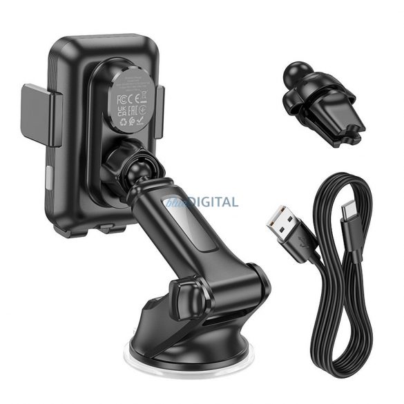 HOCO suport pentru telefonul auto la gura de aerisire + parbriz / consola centrală cu încărcare wirelles 15W Climber HW9 negru