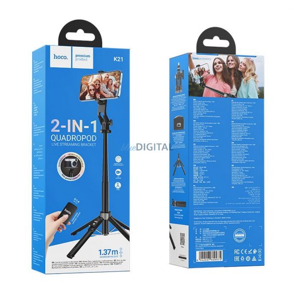 Trepied HOCO selfie stick + telecomanda K21 negru