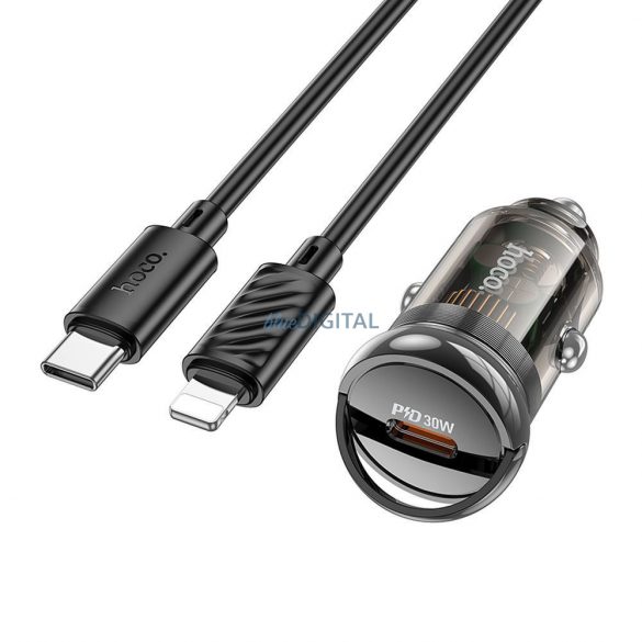 Încărcător auto HOCO tip C + cablu tip C la Apple Lightning 8 pini PD 30W Z53 negru