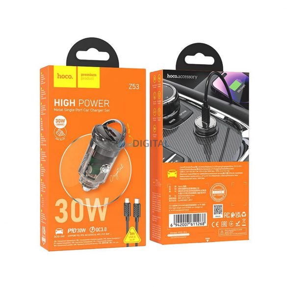 Încărcător auto HOCO tip C + cablu tip C la Apple Lightning 8 pini PD 30W Z53 negru