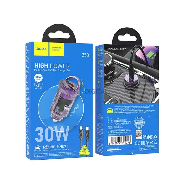 Încărcător auto HOCO tip C + cablu tip C la Apple Lightning 8 pini PD 30W Z53 violet