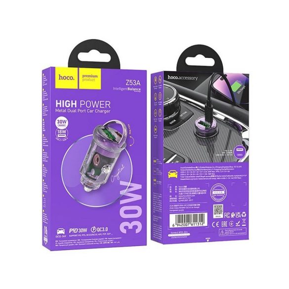 Încărcător auto HOCO Tip C PD30W + QC3.0 Z53A VISION violet transparent