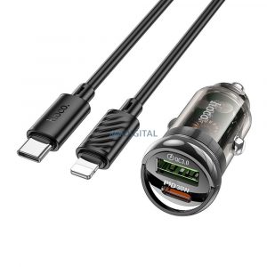 Încărcător auto HOCO USB QC3.0 + Tip C + cablu Tip C la Apple Lightning 8-pini PD 30W Z53A negru