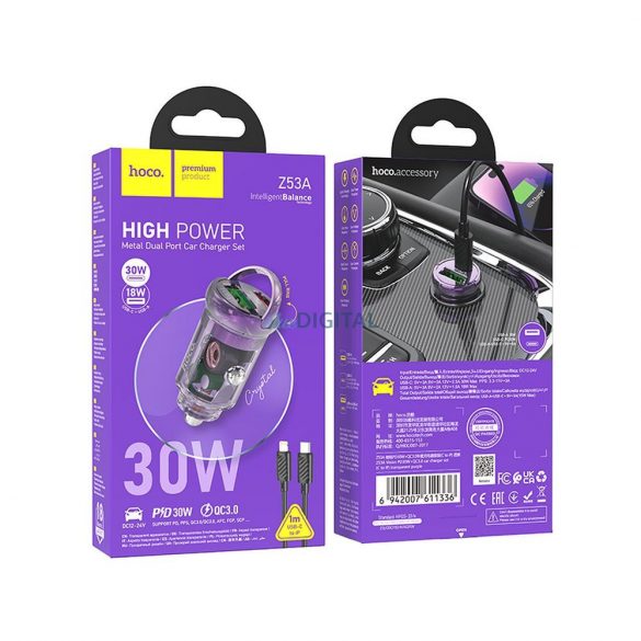 Încărcător auto HOCO USB QC3.0 + Tip C + cablu tip C la Apple Lightning 8-pini PD 30W Z53A violet