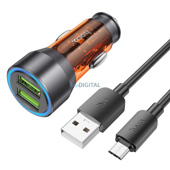 Incarcator auto HOCO 2 x USB QC 18W + cablu USB la Micro NZ12 portocaliu transparent