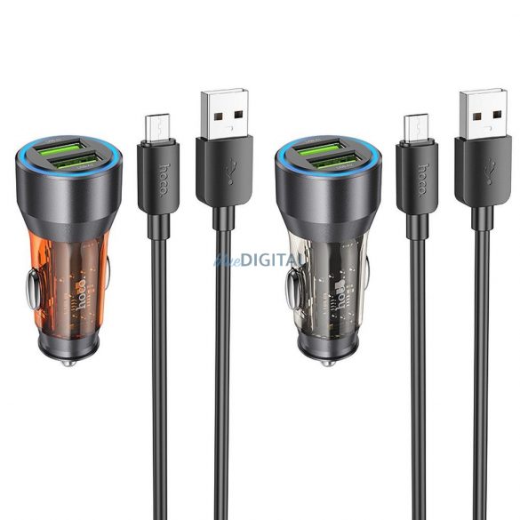 Incarcator auto HOCO 2 x USB QC 18W + cablu USB la Micro NZ12 portocaliu transparent