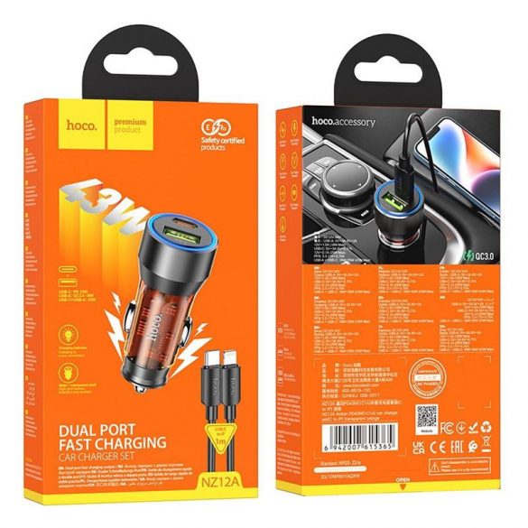 HOCO încărcător auto USB QC 18W + Tip C 25W + cablu Tip C pentru Iphone PD43W NZ12A portocaliu transparent