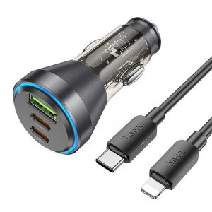 Incarcator auto HOCO USB QC 18W + 2 x Tip C 30W + cablu Tip C pentru Iphone PD60W NZ12D transparent negru