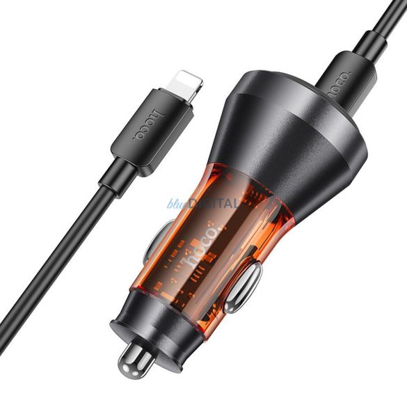 Încărcător auto HOCO USB QC 18W + 2 x Tip C 30W + cablu Tip C la Lightning PD60W NZ12D portocaliu transparent