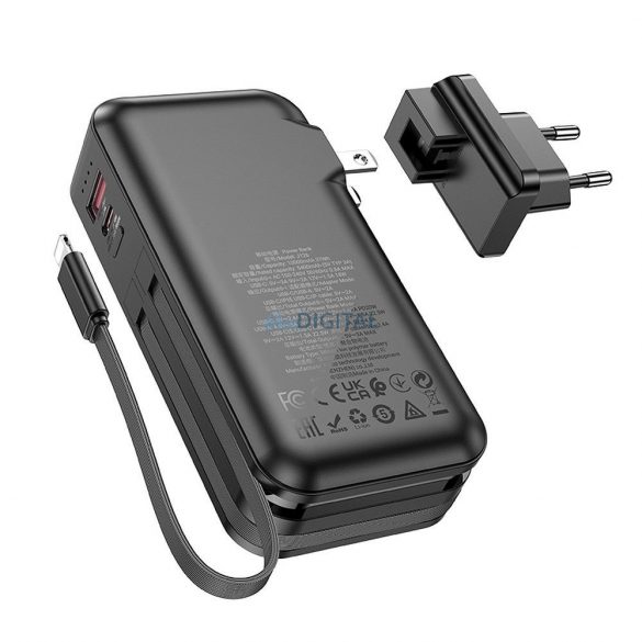 Hoco J126 powerbank 10000mAh 3A 22.5W QC PD cu cablu Type-C și Lightning încorporat, conector de alimentare UE / SUA negru - negru