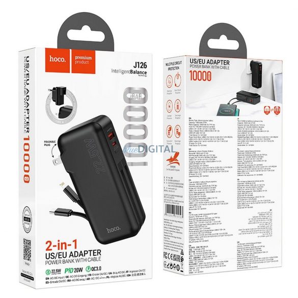 Hoco J126 powerbank 10000mAh 3A 22.5W QC PD cu cablu Type-C și Lightning încorporat, conector de alimentare UE / SUA negru - negru