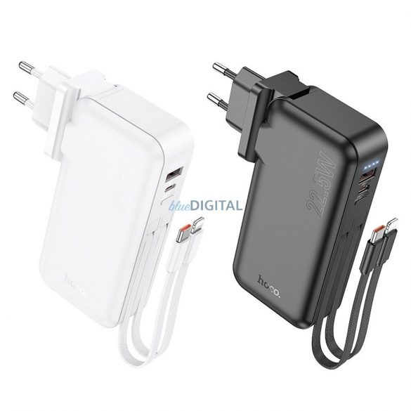 Hoco J126 powerbank 10000mAh 3A 22.5W QC PD cu cablu Type-C și Lightning încorporat, conector de alimentare UE / SUA negru - negru