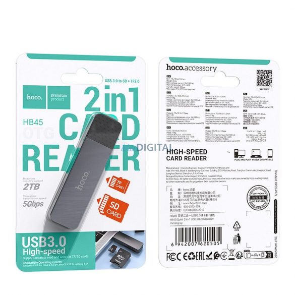 Cititor de carduri HOCO USB A 3.0 HB45 gri metal