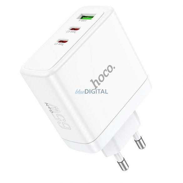 Încărcător de perete HOCO 2 x Tip C + USB A QC PD 65W GaN N30 alb