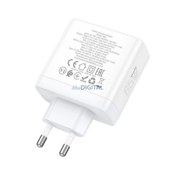 Încărcător de perete HOCO 2 x Tip C + USB A QC PD 65W GaN N30 alb