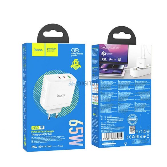 Încărcător de perete HOCO 2 x Tip C + USB A QC PD 65W GaN N30 alb