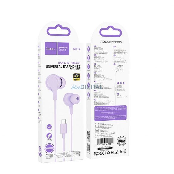 Căști cu fir HOCO Tip C cu microfon M114 violet