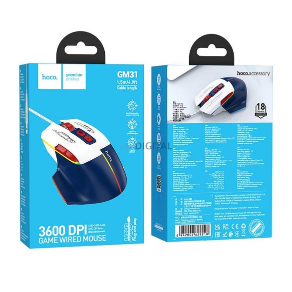 HOCO gaming wire USB A mouse pentru calculator 3600DPI alb albastru