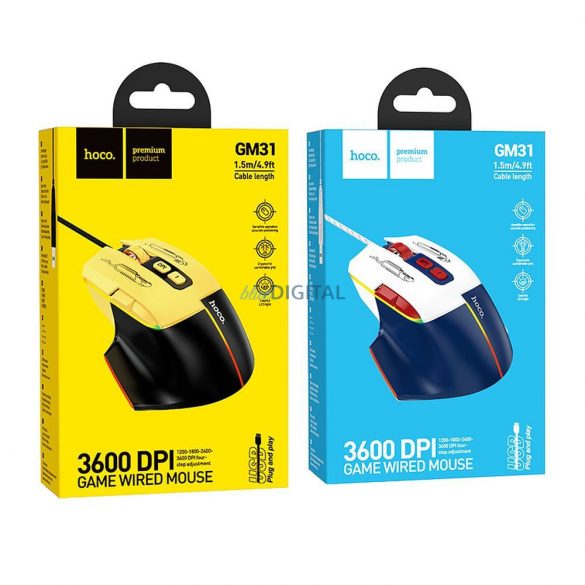 HOCO gaming wire USB A mouse pentru calculator 3600DPI alb albastru