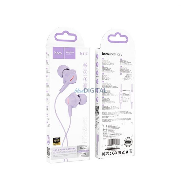 Căști cu fir Hoco M113 cu conector Lightning, microfon - violet