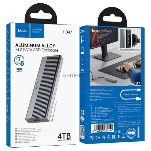 HOCO Carcasă pentru unități SSD M.2 SATA M key B+M key până la 4TB USB A USB3.2 / 6GBps HB47 gri metalic