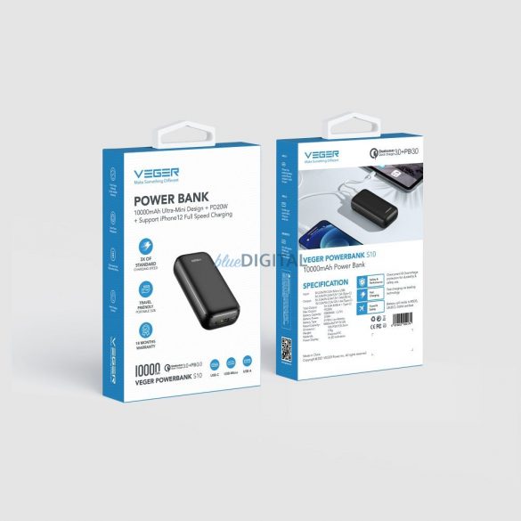 Power Bank VEGER S10 - 10 000mAh LCD Quick Charge PD20W negru