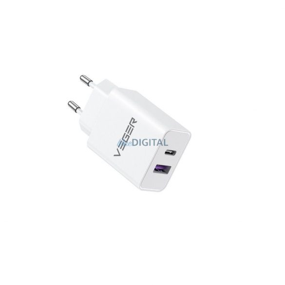 Încărcător de voiaj VEGER USB A + Tip C QC3.0 PD 30W VLS302U alb