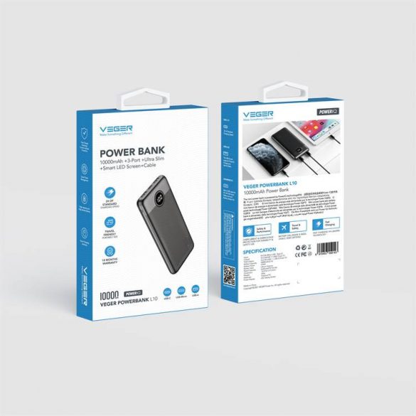 Power Bank VEGER L10S - 10 000mAh LCD Quick Charge PD20W (W1105PD)