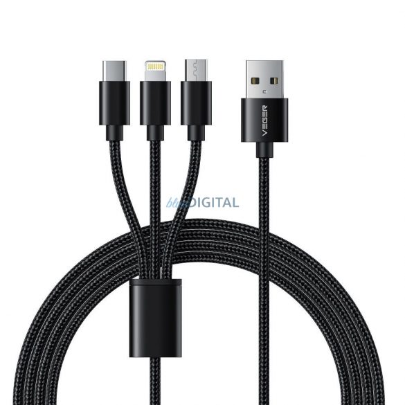 Cablu VEGER 3in1 USB A la Tip C + Apple Lightning 8-pini + Micro 2A V303 1,2m negru