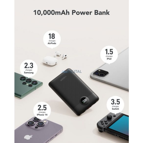 Powerbank VEGER C11 BEST - 10 000mAh LCD cu cablu tip C + Apple Lightning 8 pini QC3.0 PD 22,5W (W1170)