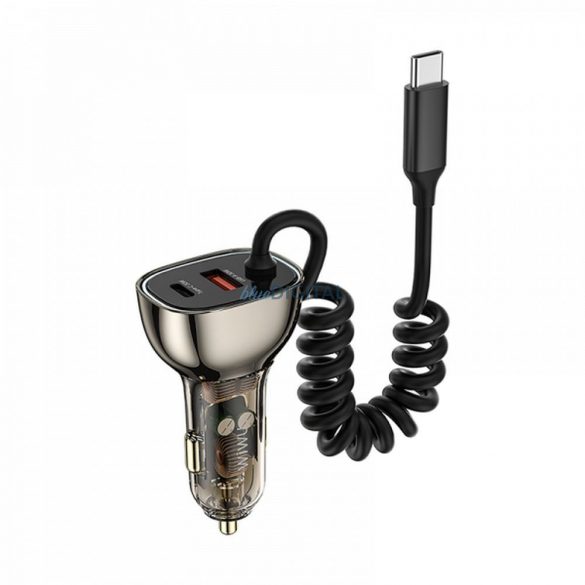 WiWU Geek Series Wi-QC016 încărcător auto cu conexiune 1xUSB-A și 1xUSB-C și cablu fix Type-C 90W - argintiu