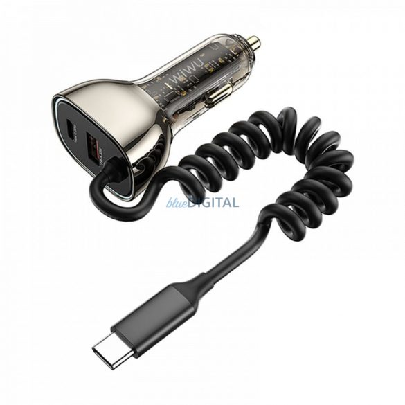 WiWU Geek Series Wi-QC016 încărcător auto cu conexiune 1xUSB-A și 1xUSB-C și cablu fix Type-C 90W - argintiu