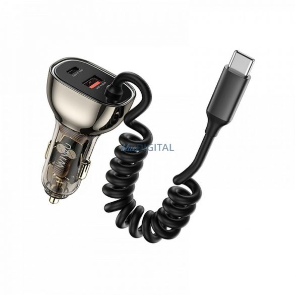 WiWU Geek Series Wi-QC016 încărcător auto cu conexiune 1xUSB-A și 1xUSB-C și cablu fix Type-C 90W - argintiu