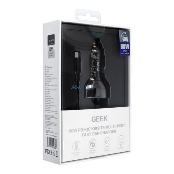 WiWU Geek Series Wi-QC016 încărcător auto cu conexiune 1xUSB-A și 1xUSB-C și cablu fix Type-C 90W - argintiu