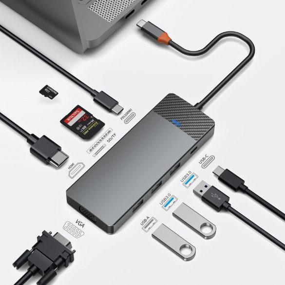 WiWU A921HV dokkoló 9 az 1-ben USB3.0x2+USB2.0x1+SD/TF(3.0)+PD (100W)+USB-C(3.0)+HDMI(4K30HZ)+VGA 1080P