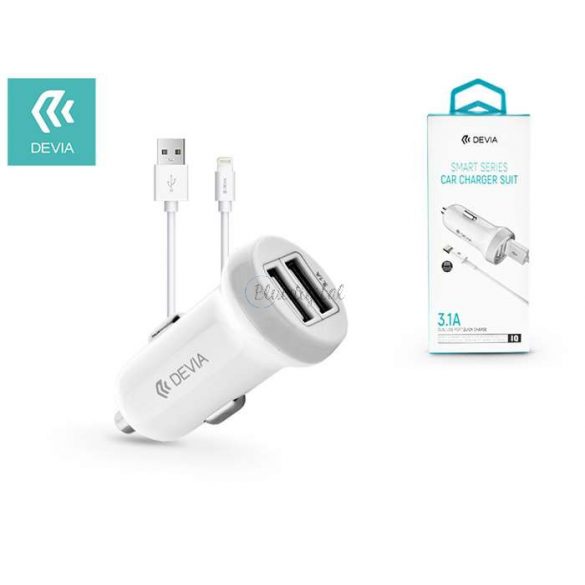 Adaptor încărcător pentru brichetă Devia cu intrare 2xUSB + cablu USB - Lightning - 5V/3,1A - Devia Smart Series Dual Car Charger Suit - alb