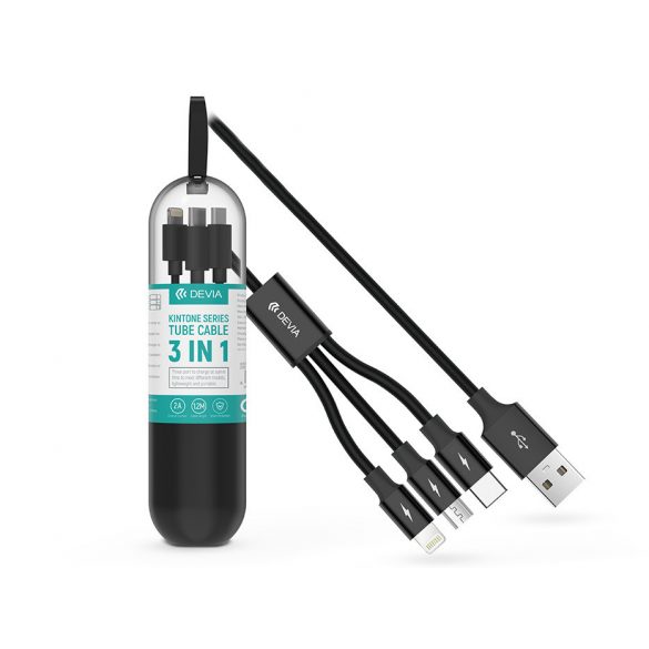 Devia USB-A - Cablu de încărcare USB Type-C / Lightning / micro USB cu cablu de 1,2 m - Cablu tubular seria Devia Kintone 3in1 - 10W - negru