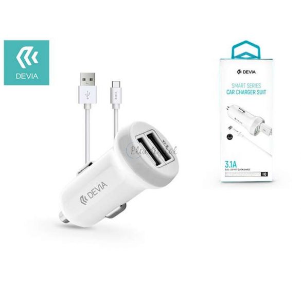 Adaptor pentru încărcător brichetă Devia 2xUSB + USB - Cablu tip C cu cablu de 1 m - 5V/3.1A - Costum încărcător auto Devia Smart Series - alb