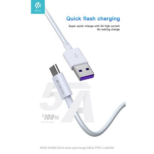 Devia USB - Cablu de încărcare și date USB Type-C cu cablu de 1,5 m - Devia Shark Supercharge USB Type-C - 5A - alb