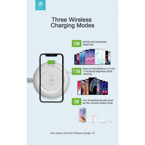 Devia Qi Universal Wireless Charging Station - 15W - Devia Allen Series V3Ultra-Thin Wireless Charger - Alb