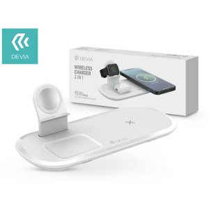 Devia Qi Universal Wireless Charging Station - 15W - Devia V.5 3in1 Wireless Charger pentru Smartphone + Apple Watch + Căști - alb