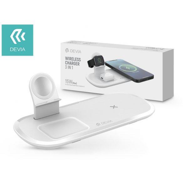 Devia Qi Universal Wireless Charging Station - 15W - Devia V.5 3in1 Wireless Charger pentru Smartphone + Apple Watch + Căști - alb