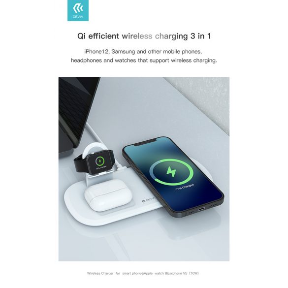 Devia Qi Universal Wireless Charging Station - 15W - Devia V.5 3in1 Wireless Charger pentru Smartphone + Apple Watch + Căști - alb