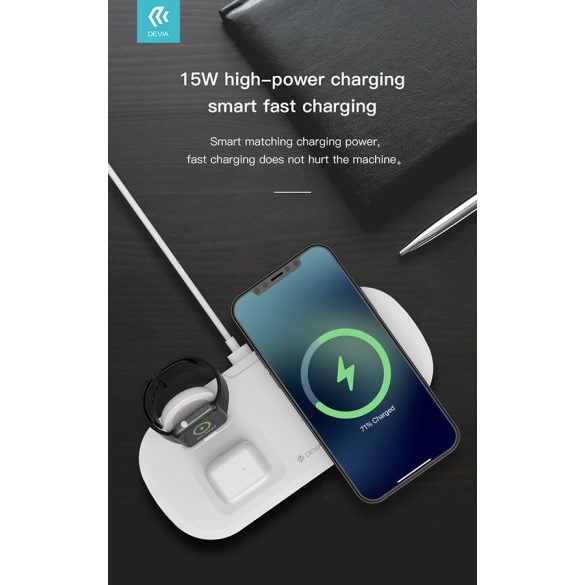 Devia Qi Universal Wireless Charging Station - 15W - Devia V.5 3in1 Wireless Charger pentru Smartphone + Apple Watch + Căști - alb