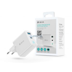 Adaptor încărcător de rețea Devia GaN cu intrare USB + Type-C - 65W - Încărcător rapid Devia Extreme Speed ​​​​GaN PD + QC - alb